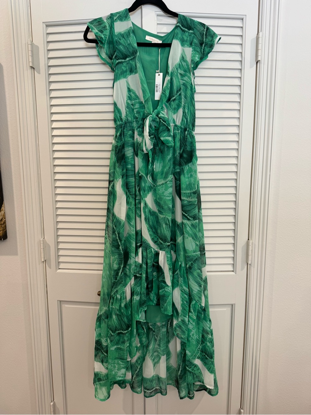 Olivaceous Green Leaf-Print Tie-Front Maxi Dress